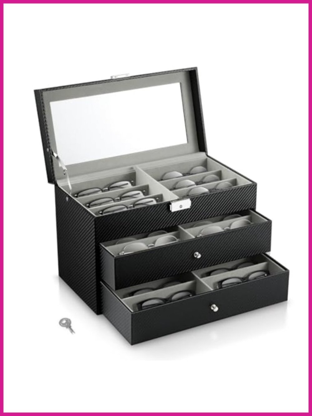 Faux Leather Sunglasses Organizer Case 18 Slots Lock Glass Lid Display